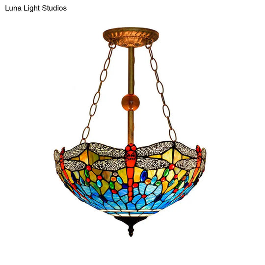 Inverted Pendant Lamp - Dragonfly Tiffany Rustic Stained Glass Chandelier (Red/Blue 3 Lights)