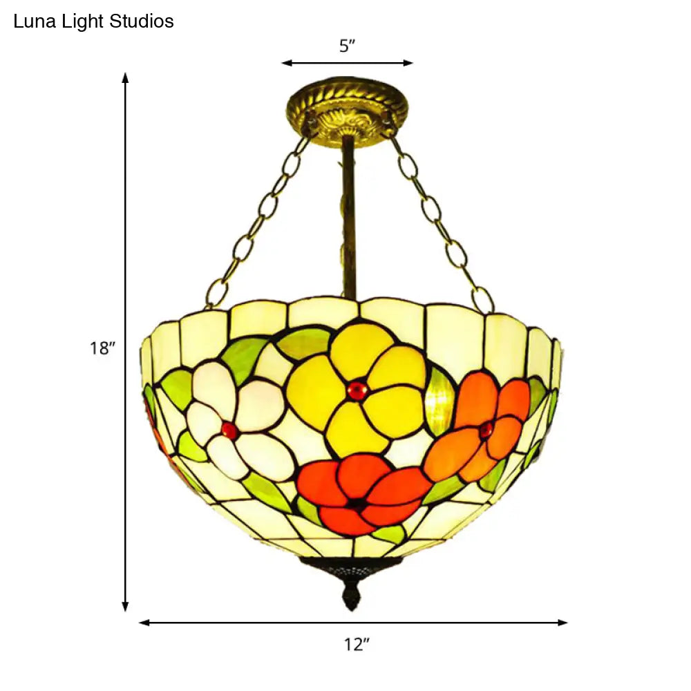 Flower Tiffany Bowl Inverted Semi Ceiling Mount Light - Rustic Stained Glass Lamp For Villa