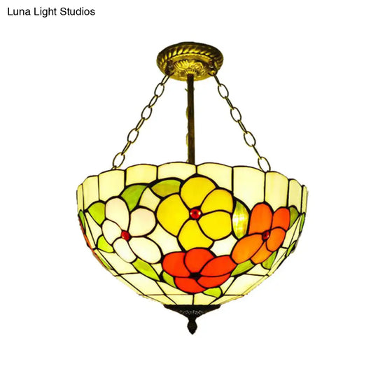 Flower Tiffany Bowl Inverted Semi Ceiling Mount Light - Rustic Stained Glass Lamp For Villa