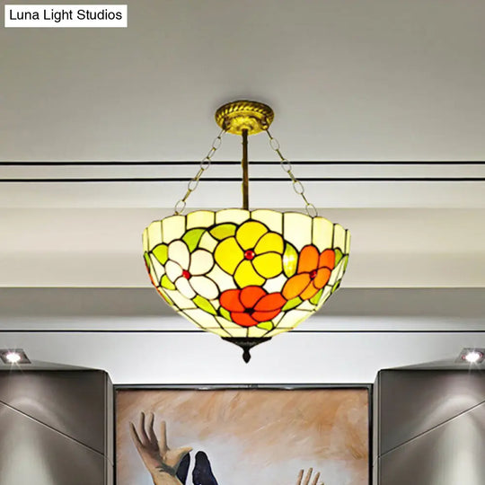 Flower Tiffany Bowl Inverted Semi Ceiling Mount Light - Rustic Stained Glass Lamp For Villa