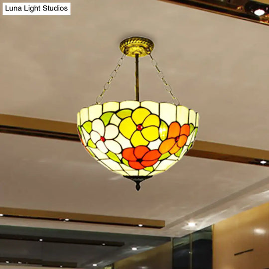 Flower Tiffany Bowl Inverted Semi Ceiling Mount Light - Rustic Stained Glass Lamp For Villa