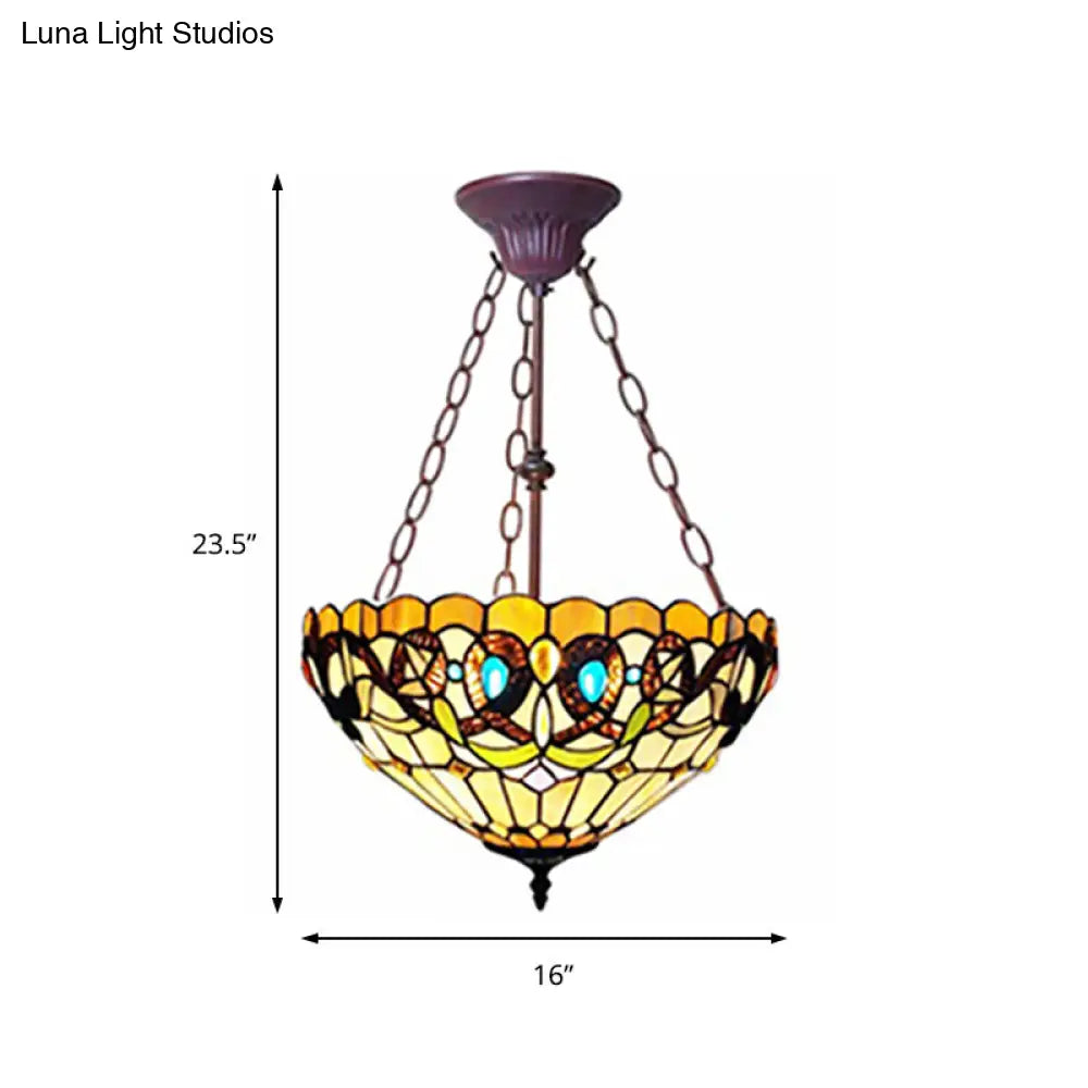 Yellow Stained Glass Tiffany Style Bedroom Chandelier - Victoria Design Inverted Hanging Light