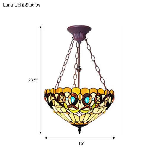 Yellow Stained Glass Tiffany Style Bedroom Chandelier - Victoria Design Inverted Hanging Light