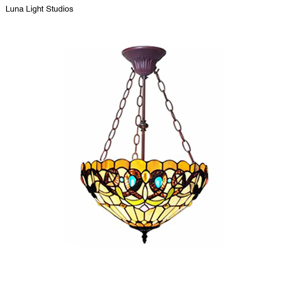 Yellow Stained Glass Tiffany Style Bedroom Chandelier - Victoria Design Inverted Hanging Light