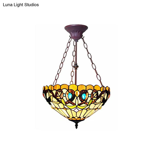 Yellow Stained Glass Tiffany Style Bedroom Chandelier - Victoria Design Inverted Hanging Light