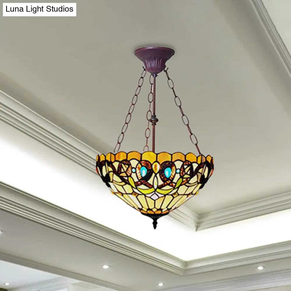 Yellow Stained Glass Tiffany Style Bedroom Chandelier - Victoria Design Inverted Hanging Light