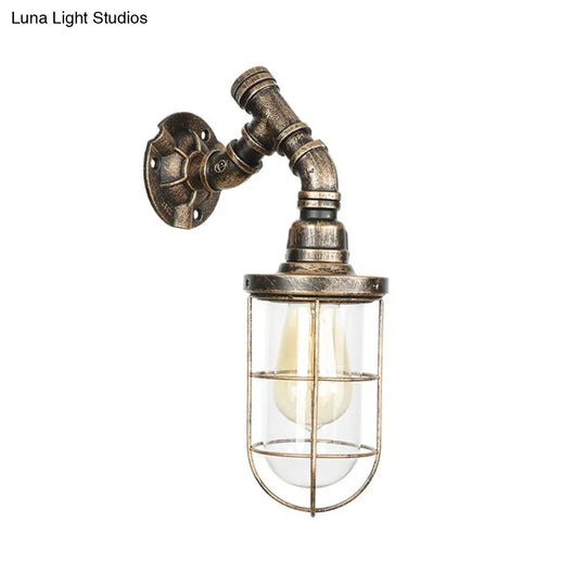 Iron Aged Brass Wall Fixture Light With Wire Cage - Rustic Stylish Mount Lighting