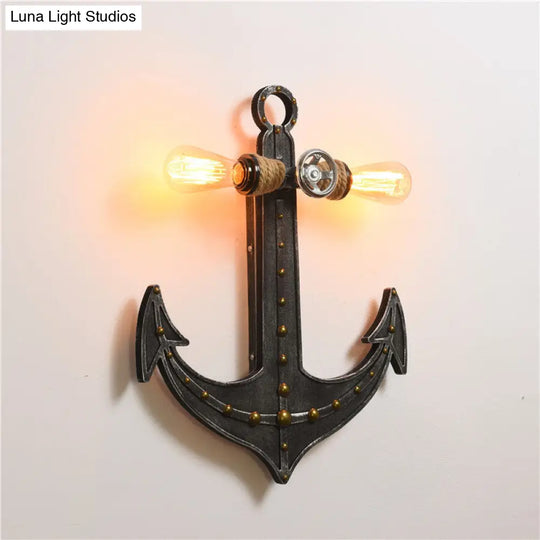 Iron Anchor Wall Lamp Art Deco 2-Bulb Sconce Light Fixture For Bedrooms In Black