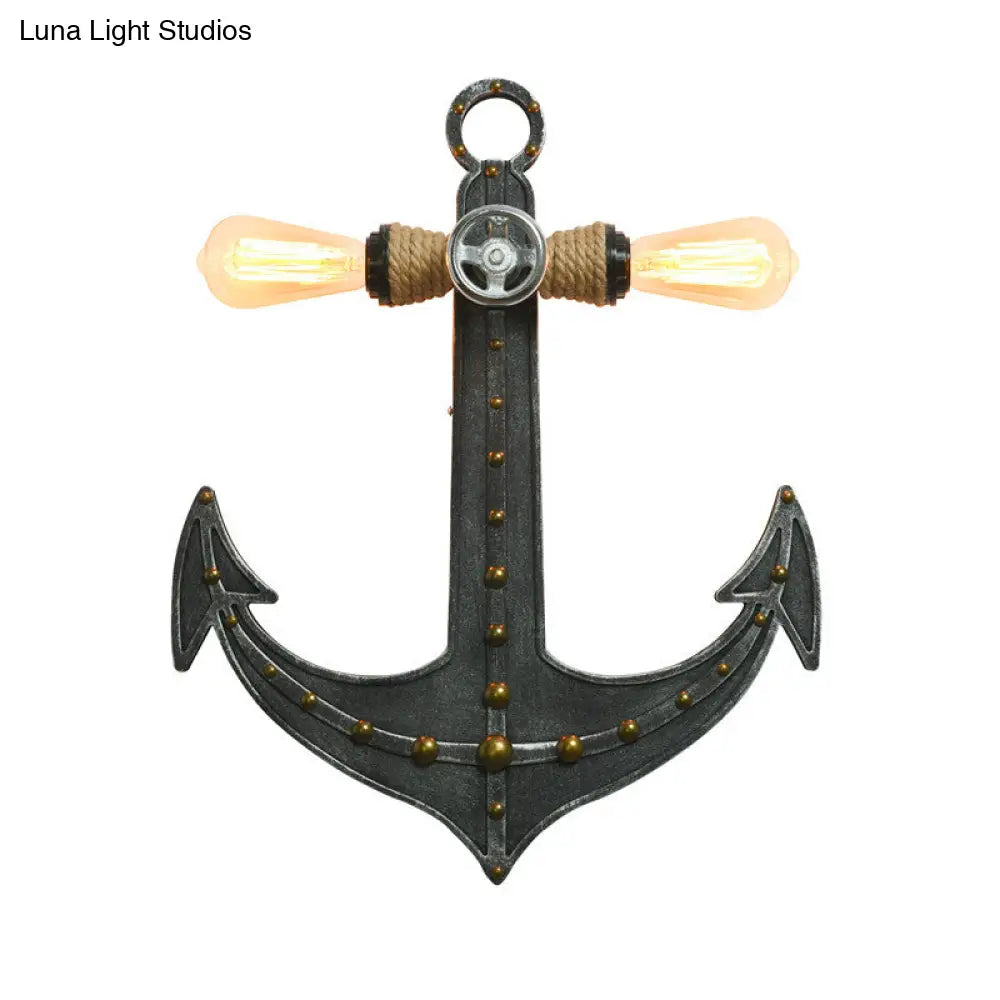 Iron Anchor Wall Lamp Art Deco 2-Bulb Sconce Light Fixture For Bedrooms In Black