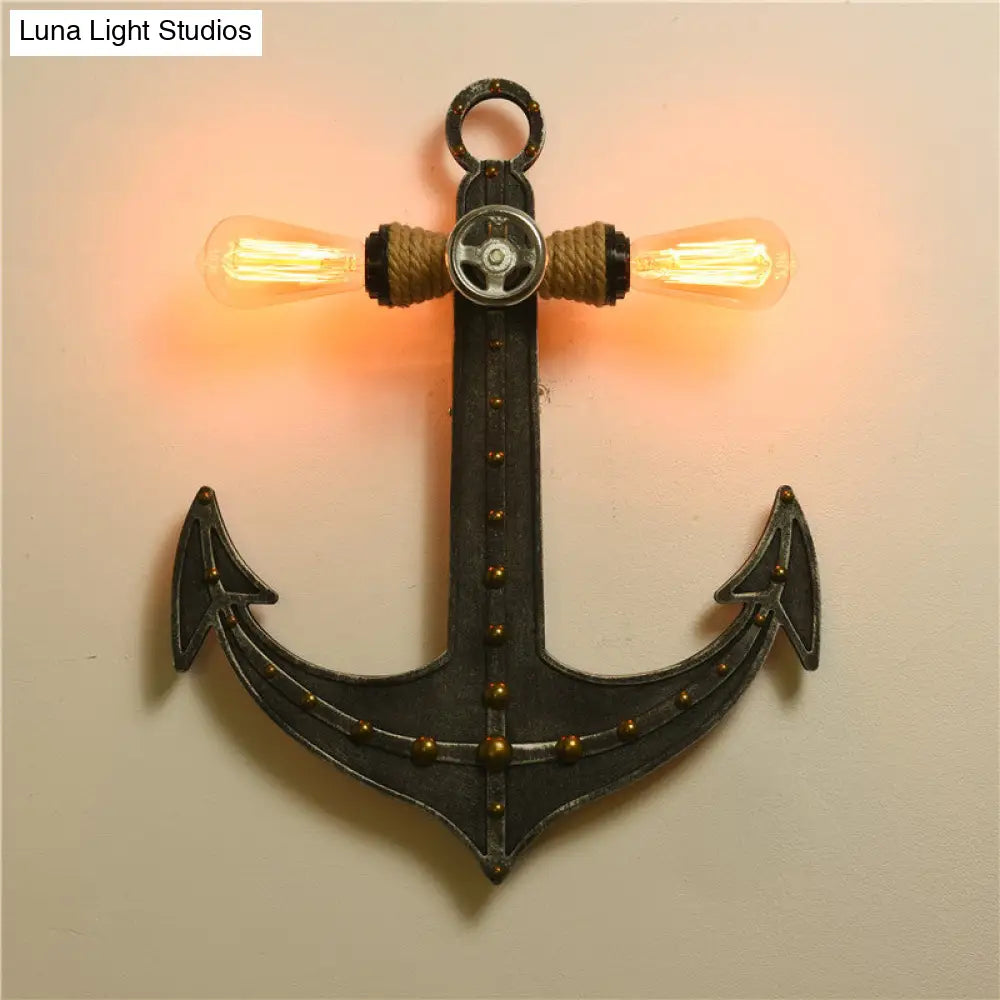 Iron Anchor Wall Lamp Art Deco 2-Bulb Sconce Light Fixture For Bedrooms In Black