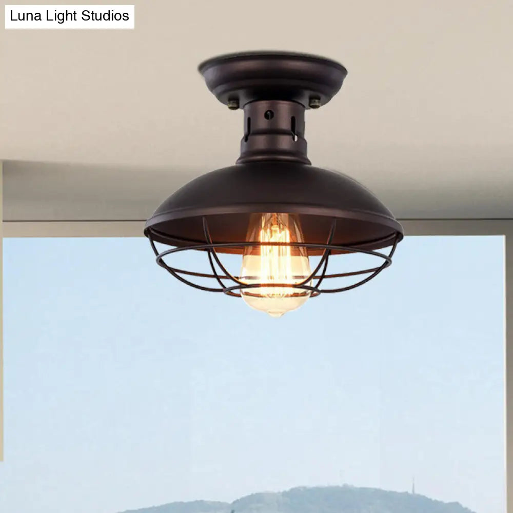 Iron Barn Flush Mount Ceiling Lamp In Antiqued Bronze/Coffee With Cage - Perfect For Living Room