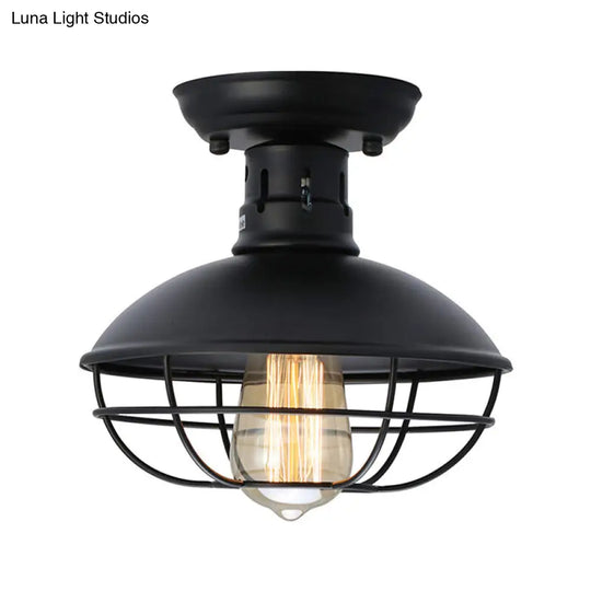 Iron Barn Flush Mount Ceiling Lamp In Antiqued Bronze/Coffee With Cage - Perfect For Living Room