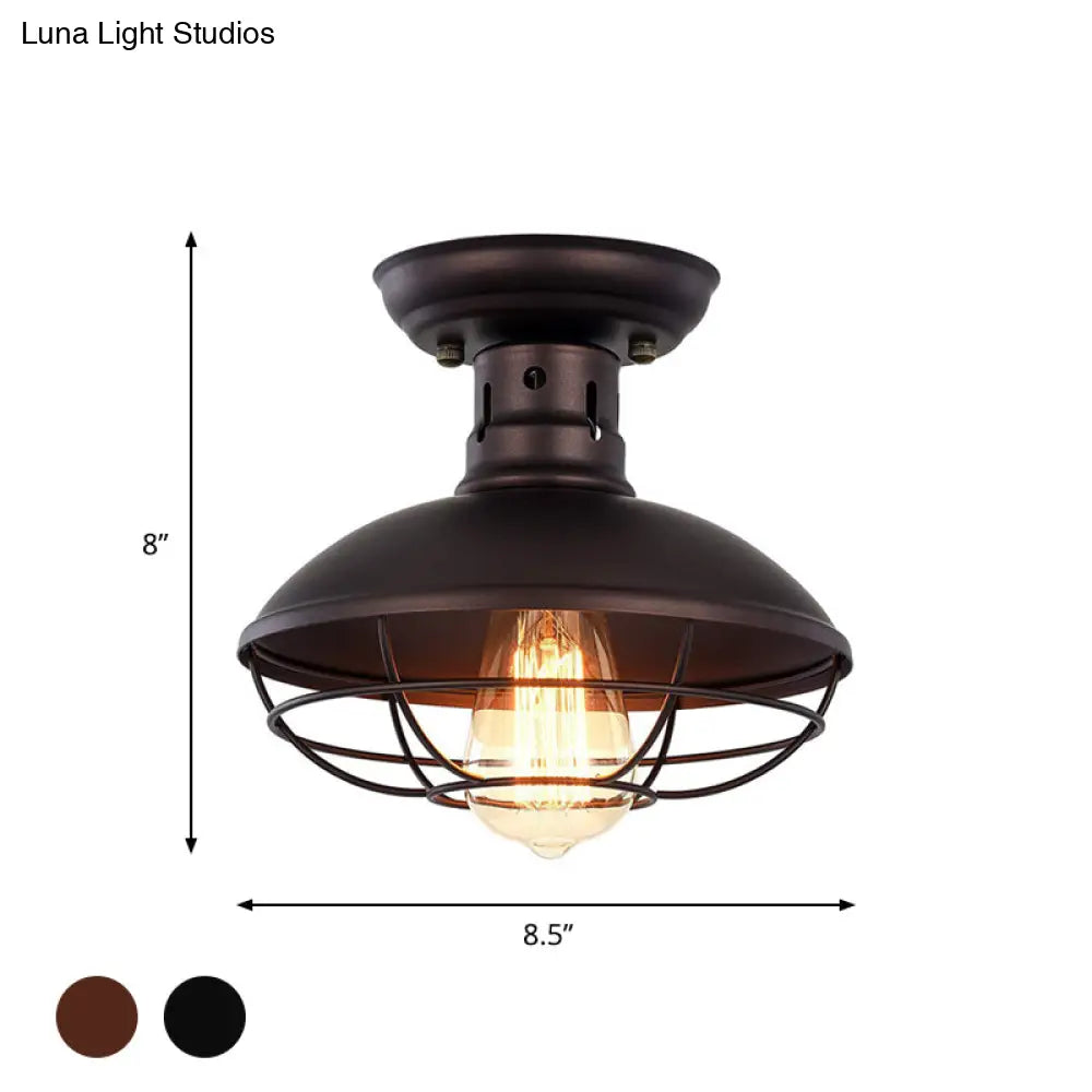 Iron Barn Flush Mount Ceiling Lamp In Antiqued Bronze/Coffee With Cage - Perfect For Living Room