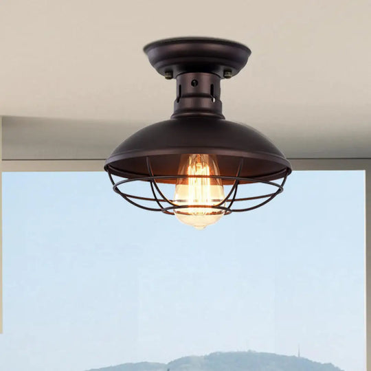 Iron Barn Flush Mount Ceiling Lamp In Antiqued Bronze/Coffee With Cage - Perfect For Living Room