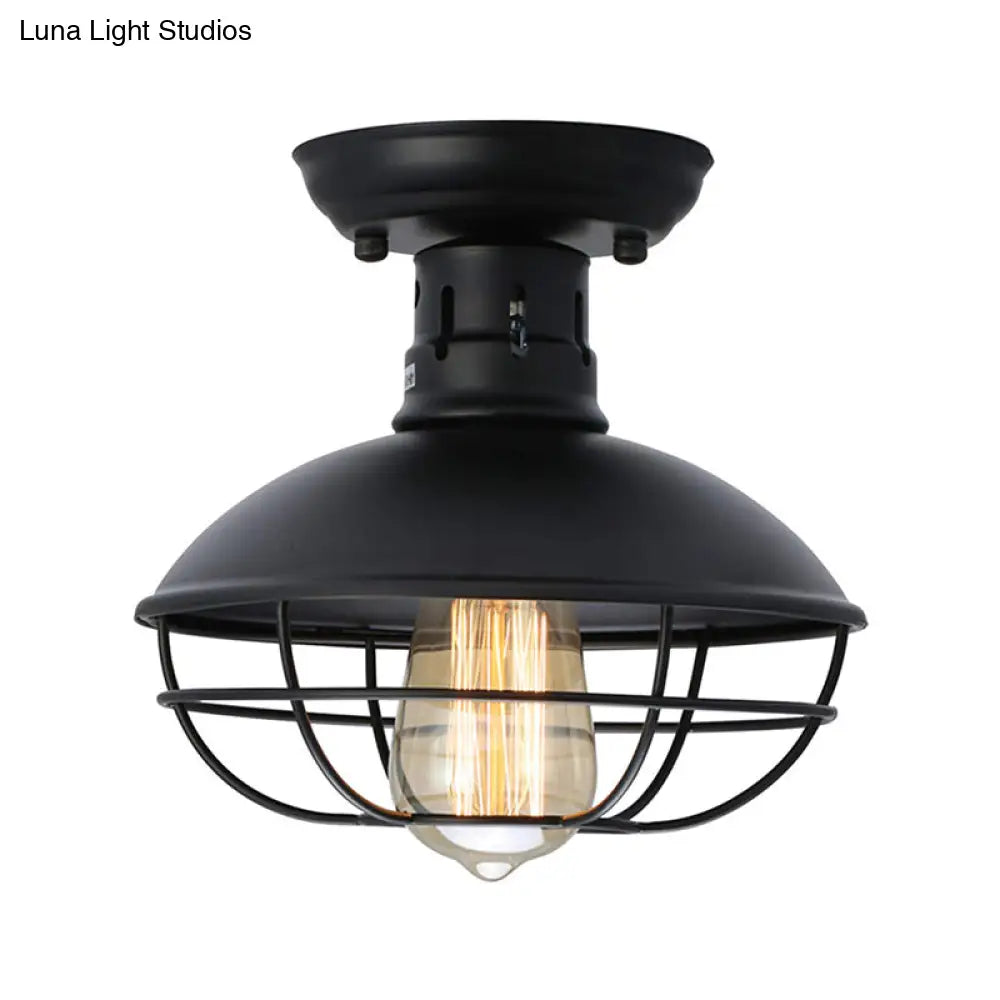 Iron Barn Flush Mount Ceiling Lamp In Antiqued Bronze/Coffee With Cage - Perfect For Living Room