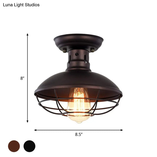 Iron Barn Flush Mount Ceiling Lamp In Antiqued Bronze/Coffee With Cage - Perfect For Living Room