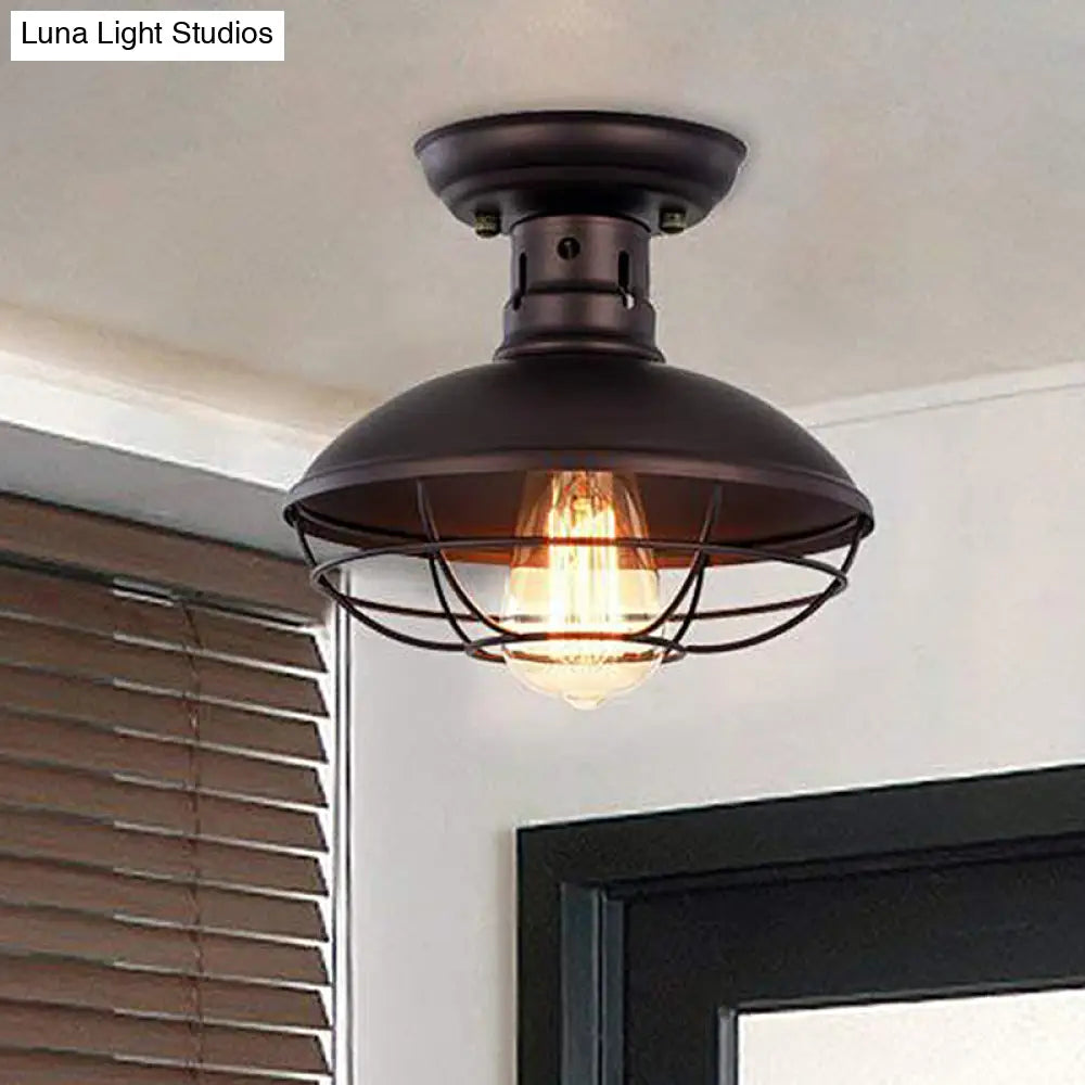 Iron Barn Flush Mount Ceiling Lamp In Antiqued Bronze/Coffee With Cage - Perfect For Living Room