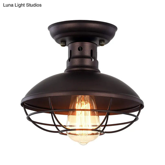 Iron Barn Flush Mount Ceiling Lamp In Antiqued Bronze/Coffee With Cage - Perfect For Living Room