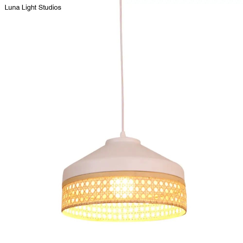 Iron Barn Pendant Light Kit - Modernist White Ceiling Lamp With Woven Rattan Detail