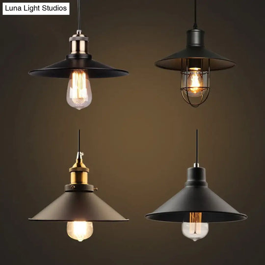 Industrial Iron Barn-Shaped Pendulum Light With Vented Socket - 1 Bulb Dining Room Pendant Fixture