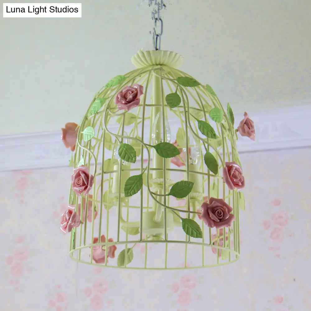 Iron Beige Birdcage Chandelier With Rose Vine And 3-Light Countryside Fixture