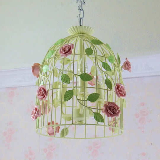 Iron Beige Birdcage Chandelier With Rose Vine And 3-Light Countryside Fixture