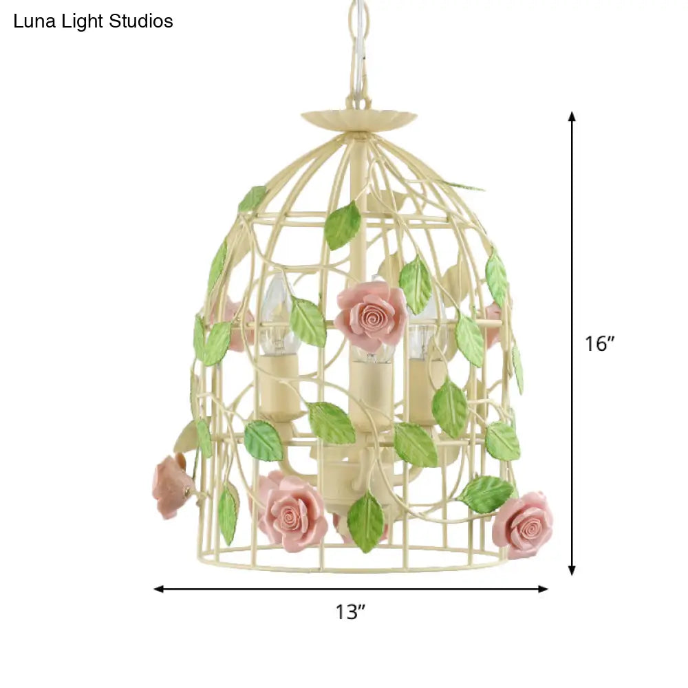 Iron Beige Birdcage Chandelier With Rose Vine And 3-Light Countryside Fixture