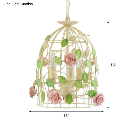 Iron Beige Birdcage Chandelier With Rose Vine And 3-Light Countryside Fixture