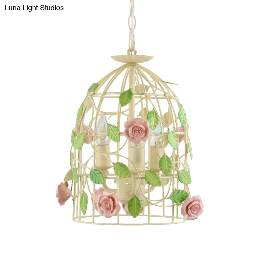 Iron Beige Birdcage Chandelier With Rose Vine And 3-Light Countryside Fixture