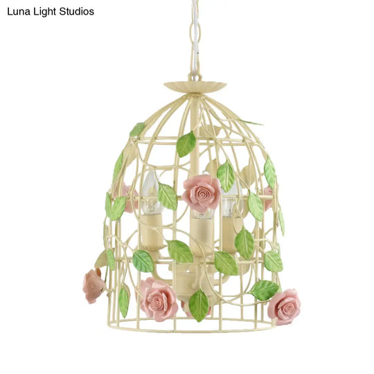 Iron Beige Birdcage Chandelier With Rose Vine And 3-Light Countryside Fixture