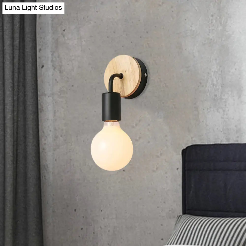 Iron Bend Rotatable Wall Lighting Minimalist Sconce - 1 Head Black/White-Wood With Exposed Bulb