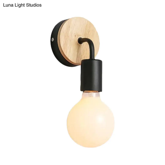 Iron Bend Rotatable Wall Lighting Minimalist Sconce - 1 Head Black/White-Wood With Exposed Bulb