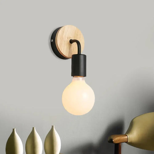 Iron Bend Rotatable Wall Lighting Minimalist Sconce - 1 Head Black/White-Wood With Exposed Bulb