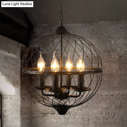 Iron Black Chandelier With Mesh Shade - 4-Bulb Industrial Ceiling Light For Dining Room