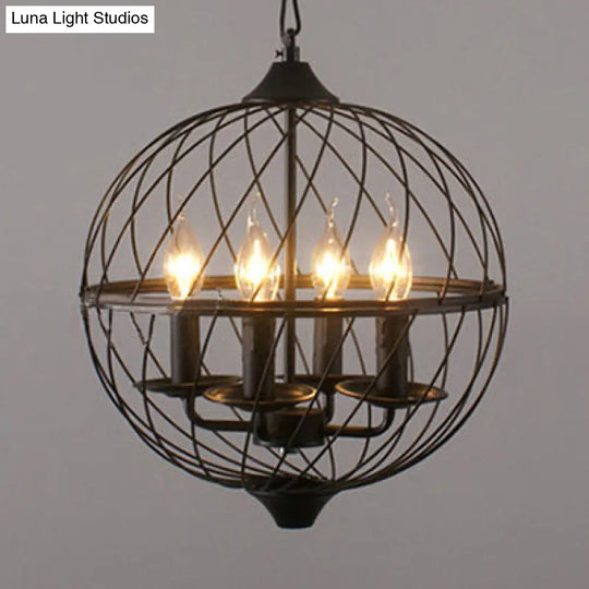 Industrial Iron Black Chandelier With Global Mesh Shade And Adjustable Chain - Perfect For Dining