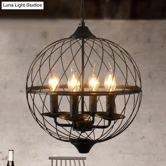 Industrial Iron Black Chandelier With Global Mesh Shade And Adjustable Chain - Perfect For Dining