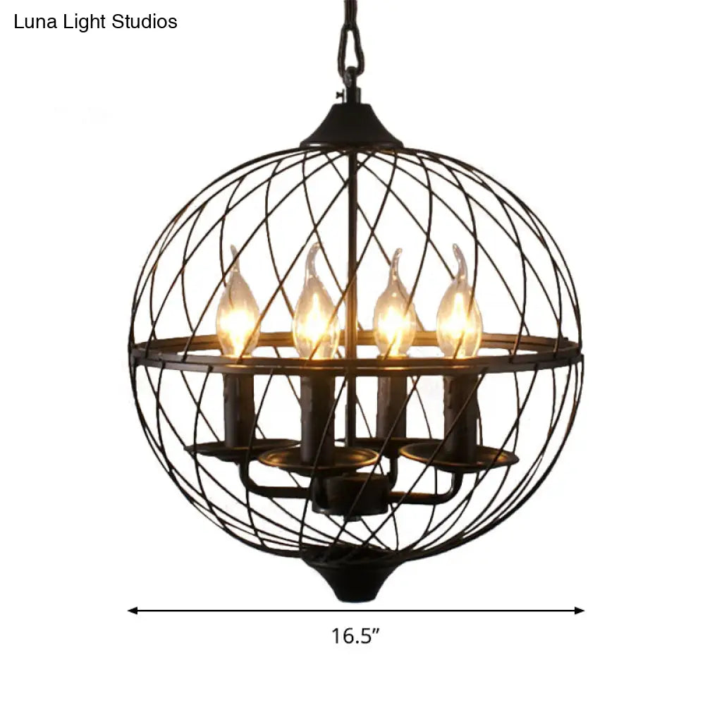 Industrial Iron Black Chandelier With Global Mesh Shade And Adjustable Chain - Perfect For Dining