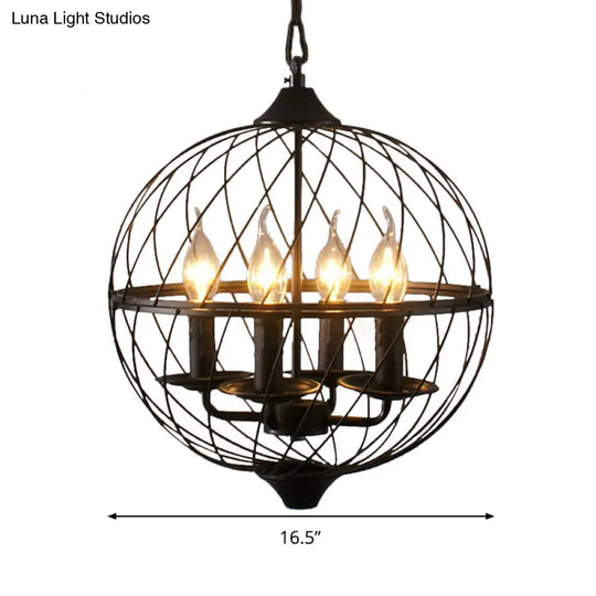 Industrial Iron Black Chandelier With Global Mesh Shade And Adjustable Chain - Perfect For Dining