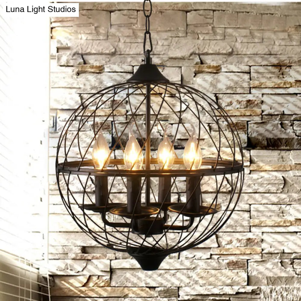 Industrial Iron Black Chandelier With Global Mesh Shade And Adjustable Chain - Perfect For Dining