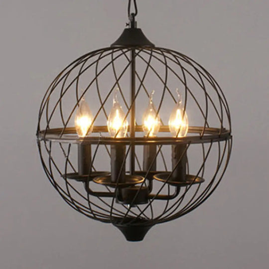 Iron Black Chandelier With Mesh Shade - 4-Bulb Industrial Ceiling Light For Dining Room