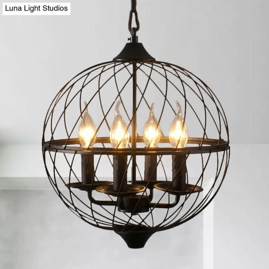 Iron Black Chandelier With Mesh Shade - 4-Bulb Industrial Ceiling Light For Dining Room