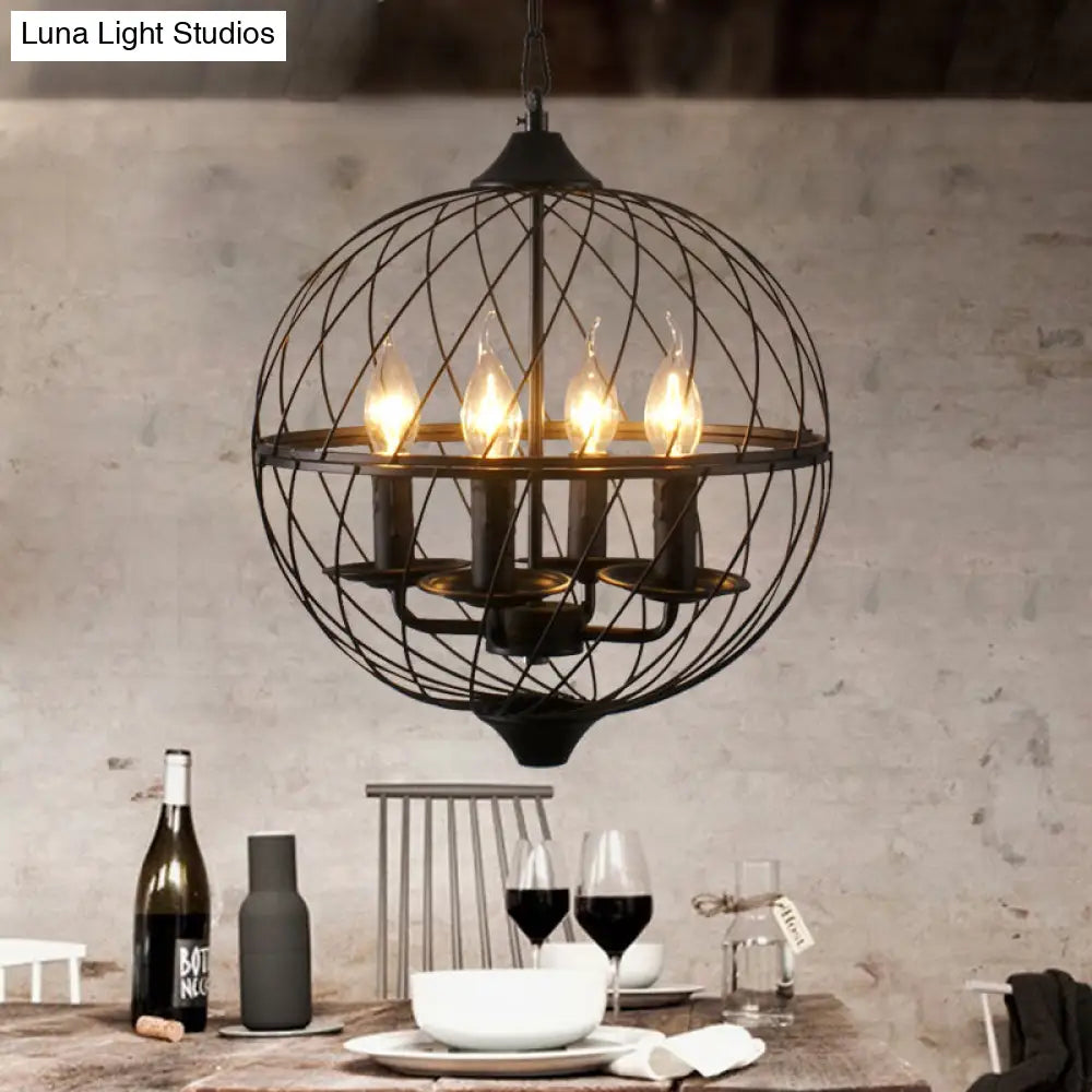 Industrial Iron Black Chandelier With Global Mesh Shade And Adjustable Chain - Perfect For Dining