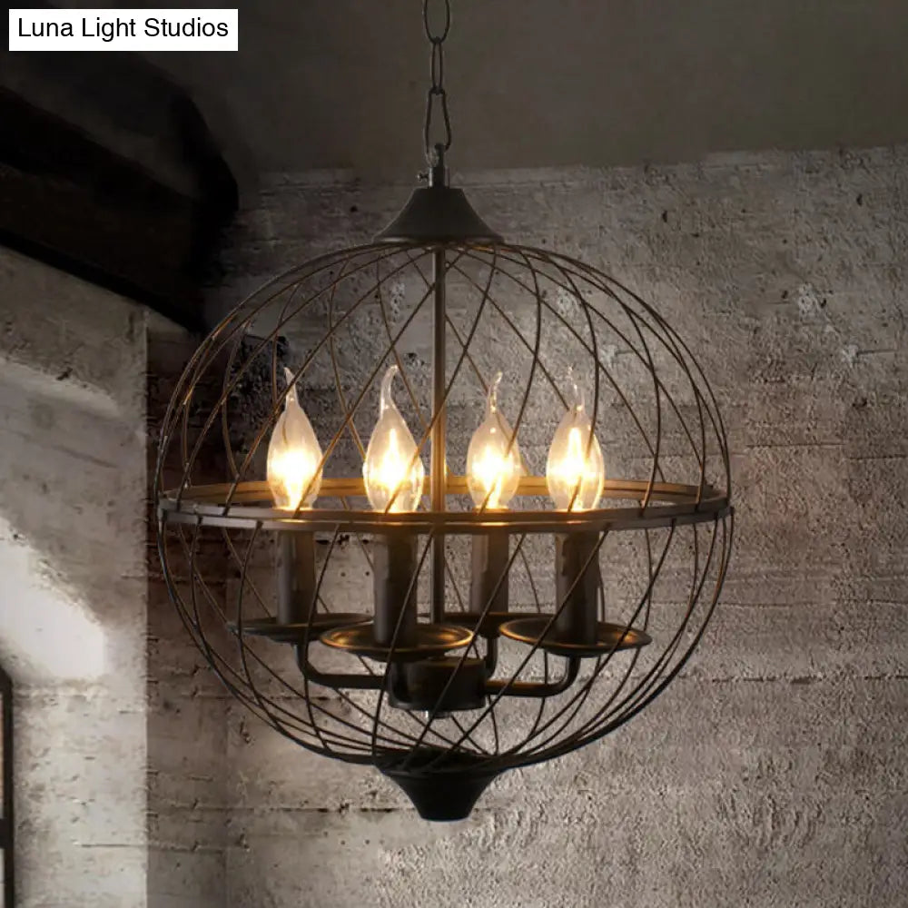 Industrial Iron Black Chandelier With Global Mesh Shade And Adjustable Chain - Perfect For Dining