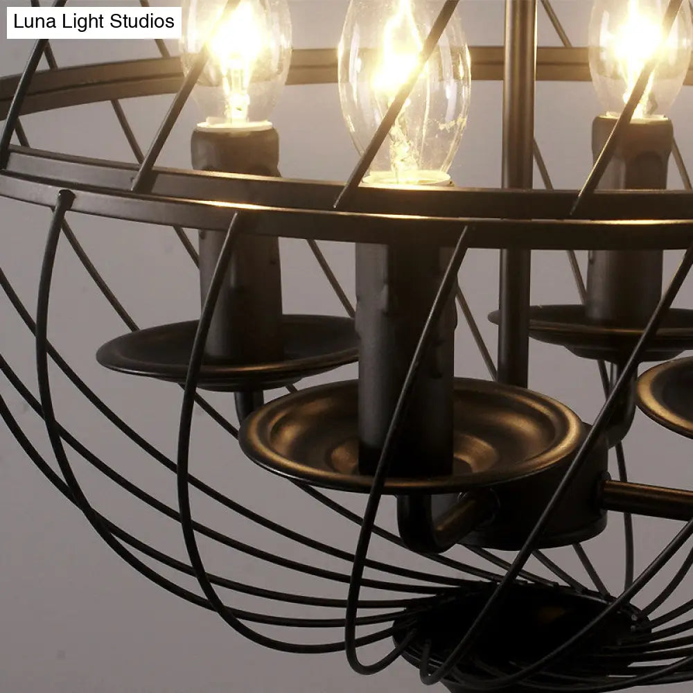 Industrial Iron Black Chandelier With Global Mesh Shade And Adjustable Chain - Perfect For Dining