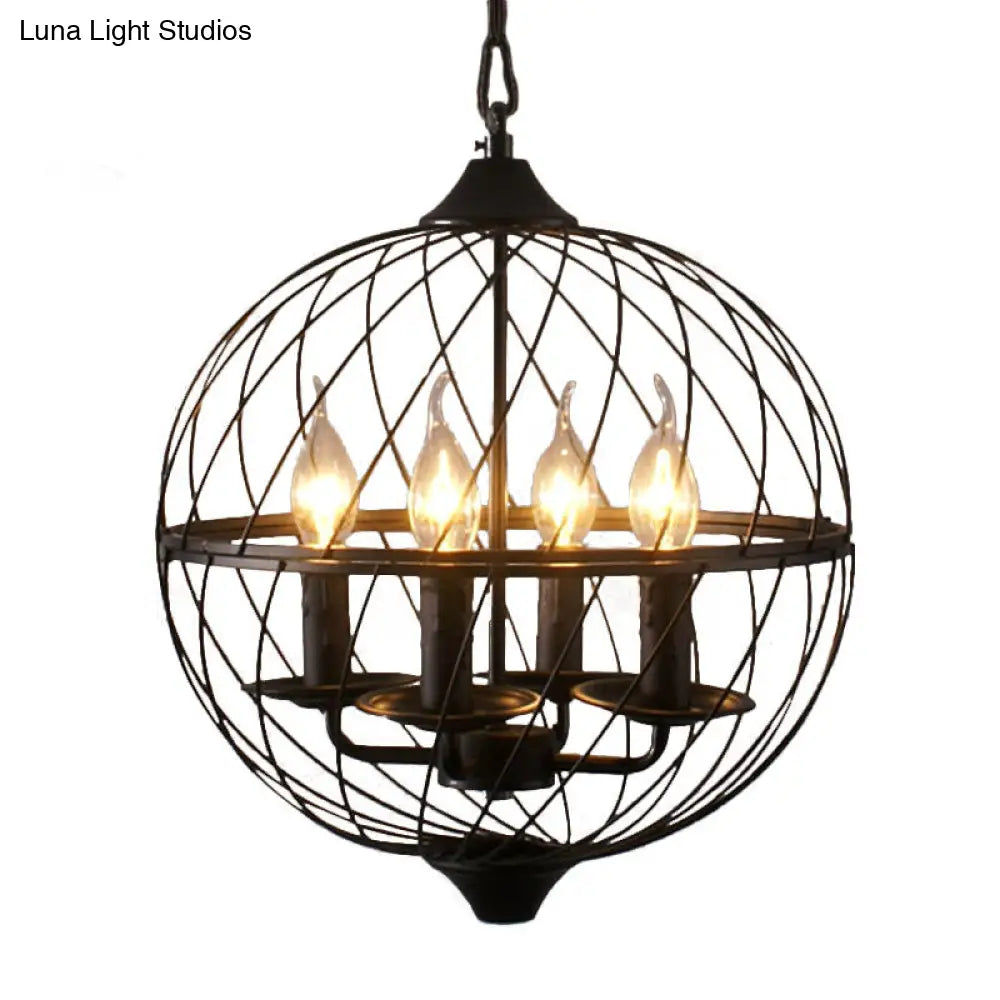 Industrial Iron Black Chandelier With Global Mesh Shade And Adjustable Chain - Perfect For Dining