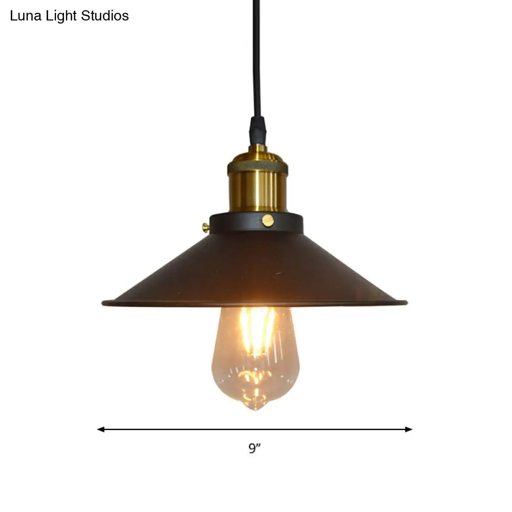 Iron Black Cone Shade Pendant Light With Roll-Trim - 1-Light Suspension Lamp For Factory Ceiling