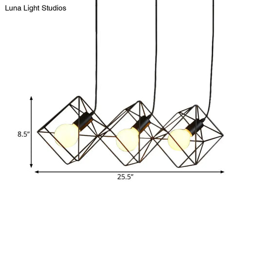 Iron Black Industrial-Style Pendant Lamp - Multiple Hanging Light Cube Cage With 3 Bulbs