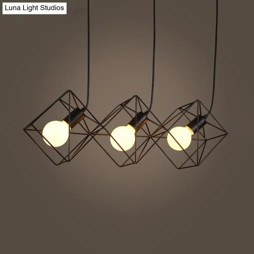 Iron Black Industrial-Style Pendant Lamp - Multiple Hanging Light Cube Cage With 3 Bulbs