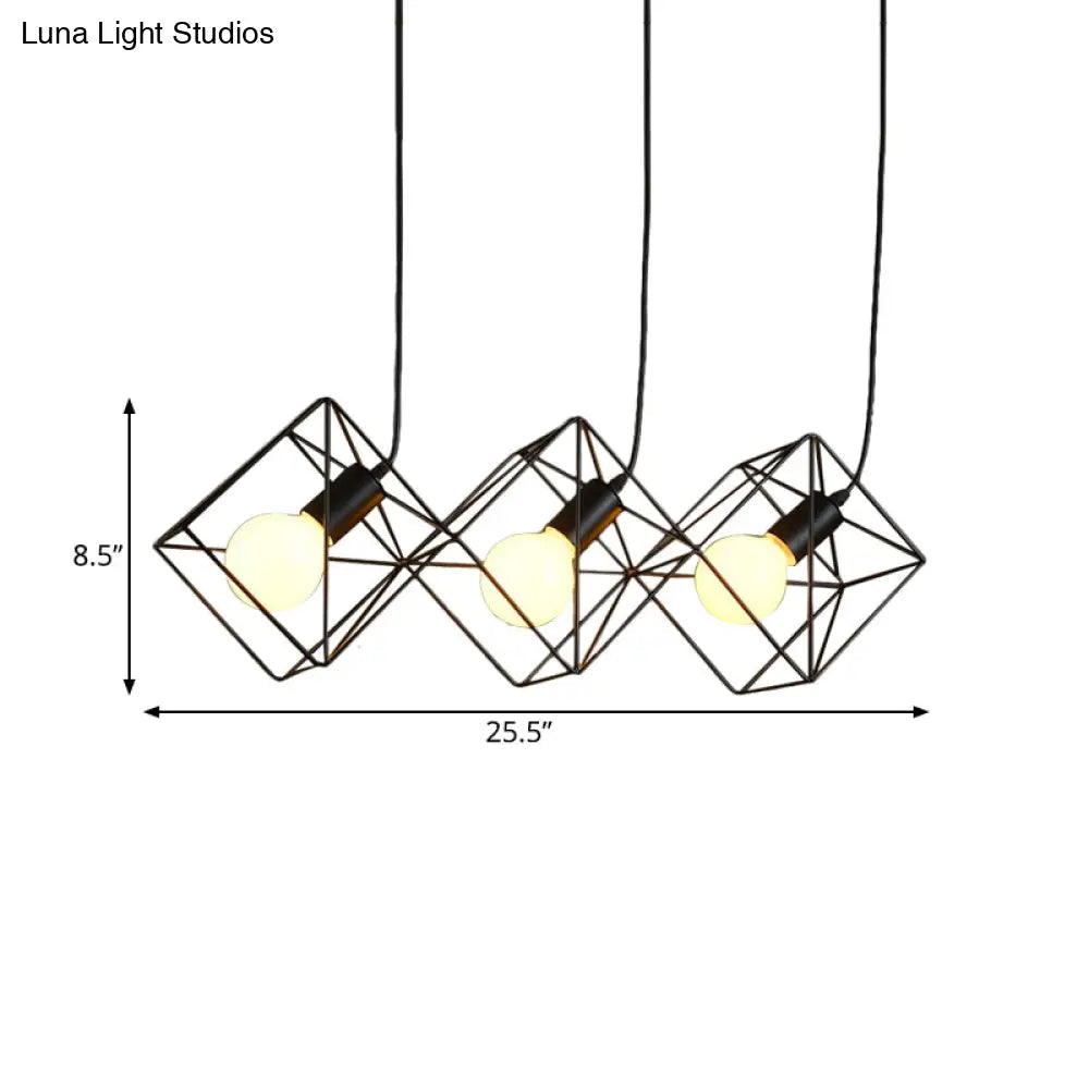 Iron Black Cube Cage Pendant Lamp - Industrial Style With 3 Bulbs Multiple Hanging Lights