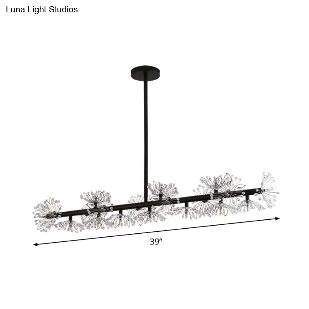 Iron Black Linear 19-Head Suspension Lamp: Modern Island Pendant Light With Crystal Bead Flower